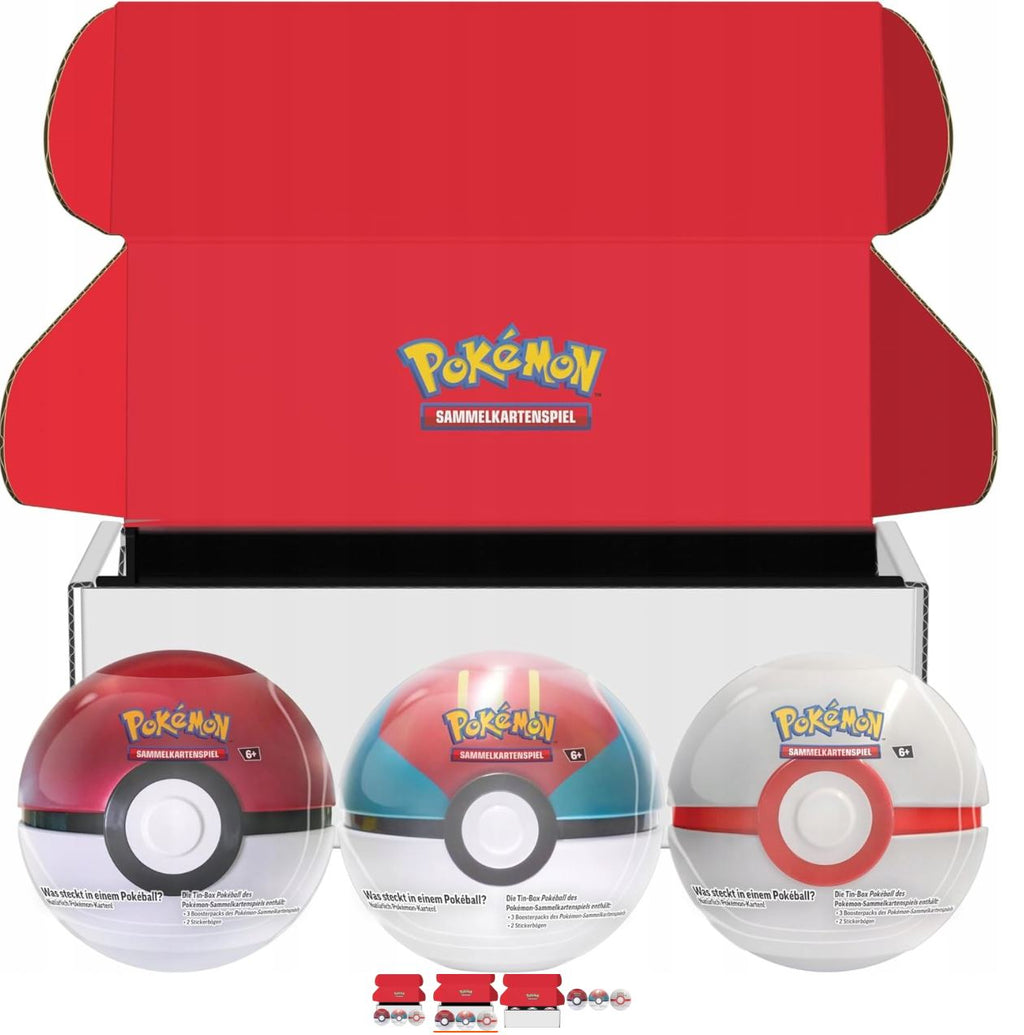 Pokemon Sammelkartenspiel: 3 Tin-Box 2023 Bundle Pokéball – Köderball, Superball & Hyperball