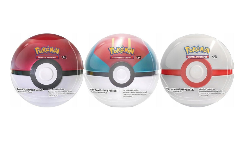 Pokemon Sammelkartenspiel: 3 Tin-Box 2023 Bundle Pokéball – Köderball, Superball & Hyperball