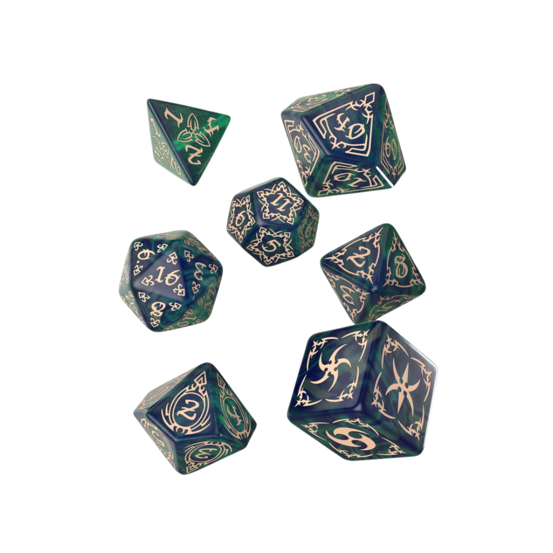 Q-Workshop Tribal Dice Set – Blue-green & Beige (7 Würfel)